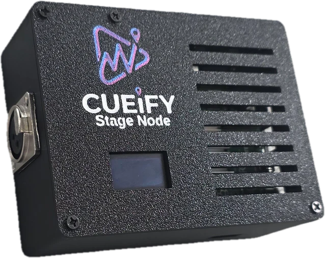 The Cueify Stage Node: a black enclosure with the Cueify logo on the lid, an XLR socket on one end, a small status screen and ventilation slots along one side