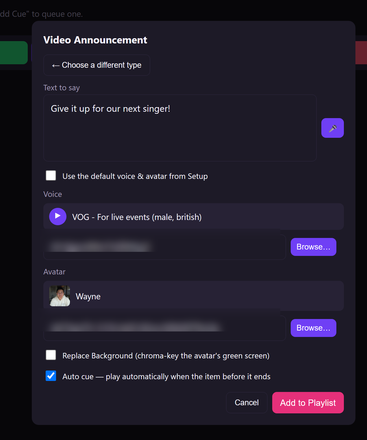 Cueify's announcement cue editor, showing voice, avatar and translation options