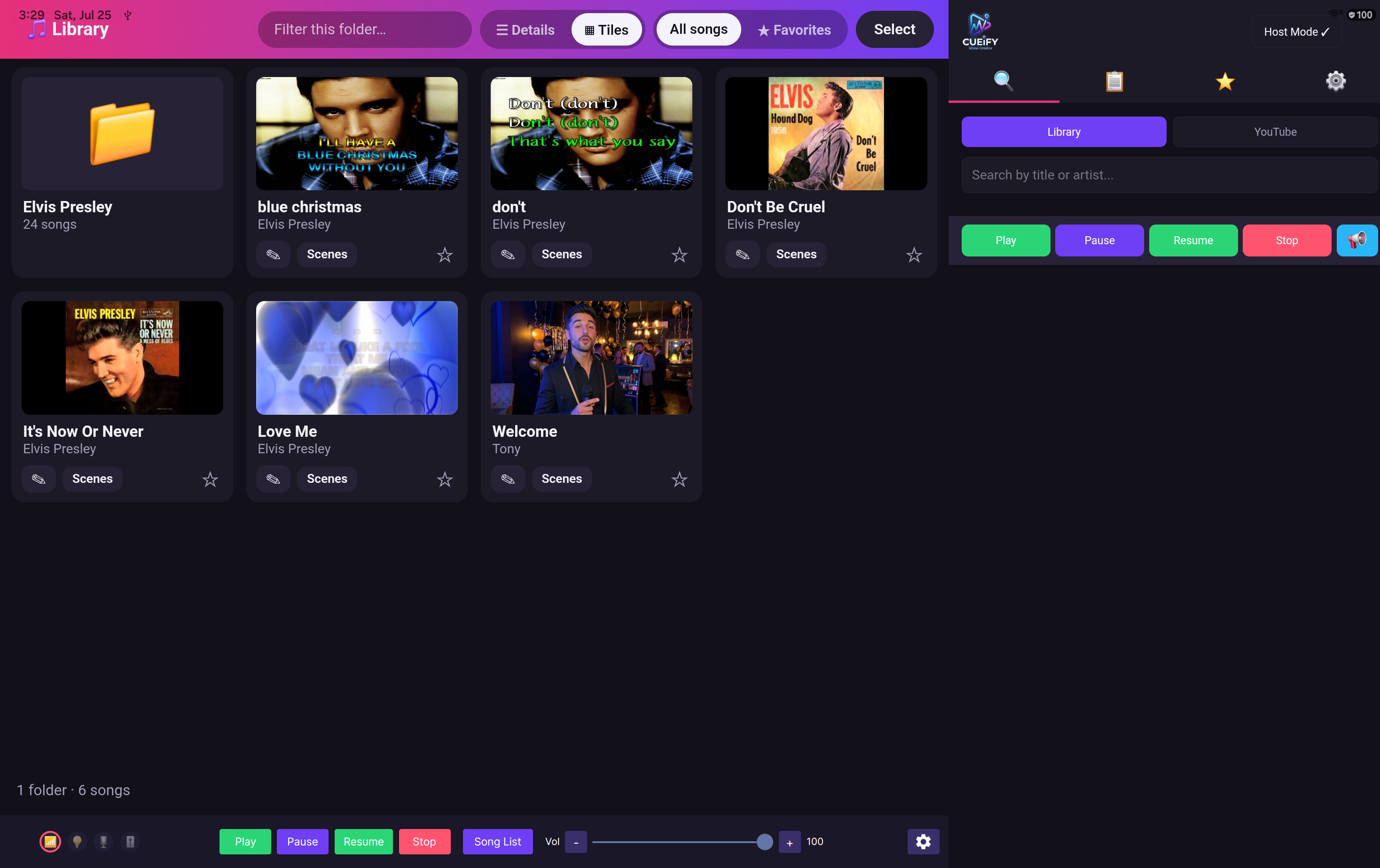 The Cueify host screen running on a tablet: the song library in artwork tiles, the live control panel down the right-hand side, and the transport bar along the bottom