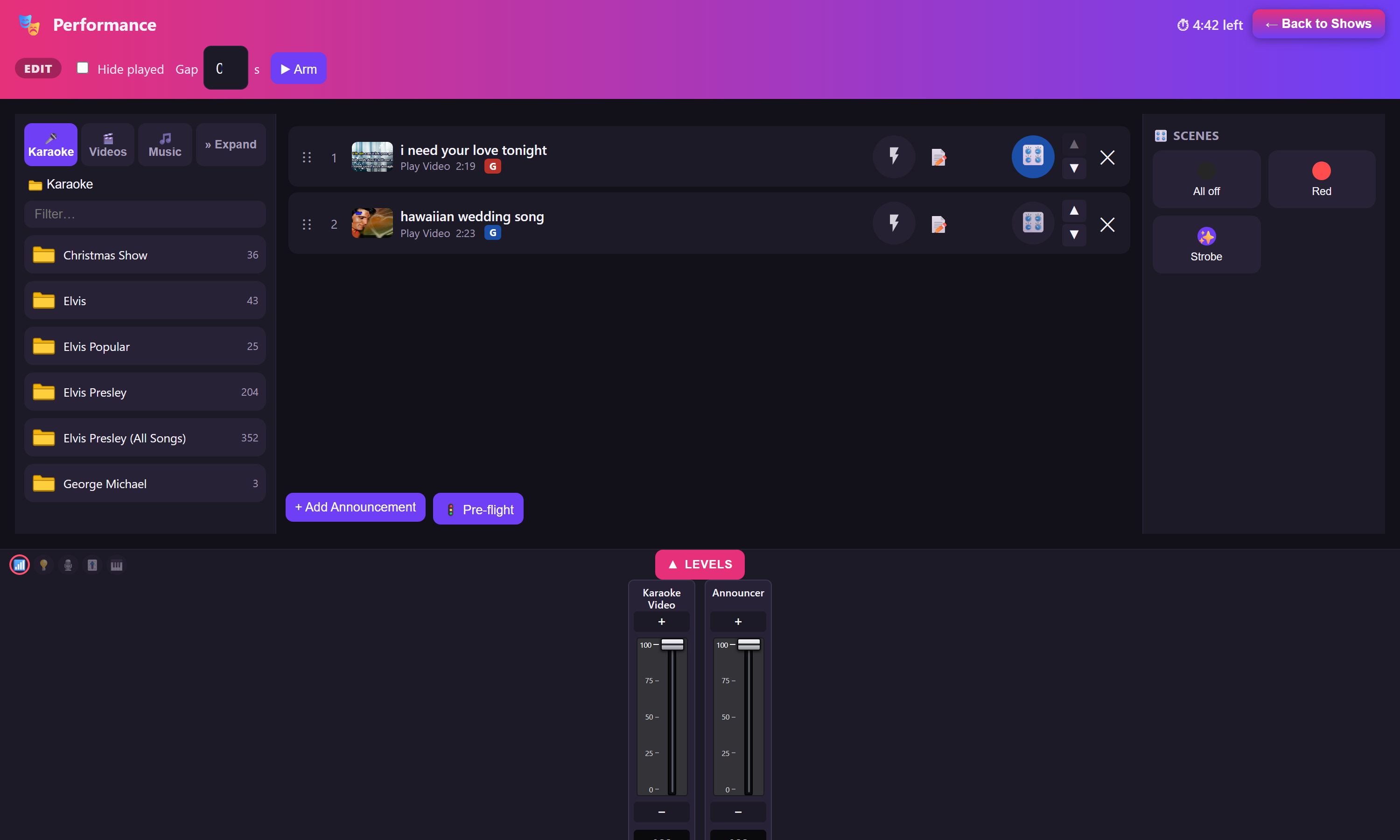 The Cueify performance screen: the song library down the left, the set list in the middle with per-cue controls, the lighting scenes on the right and the levels strip along the bottom