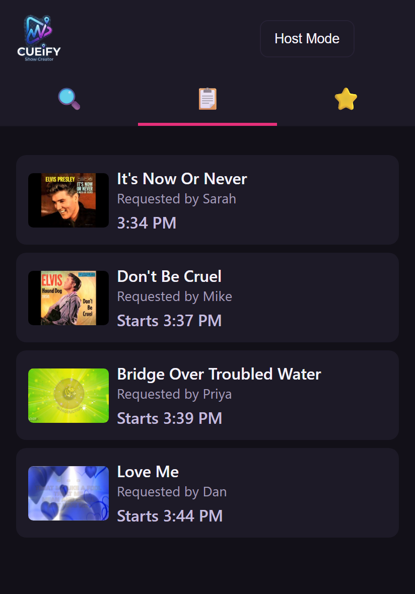 The guest phone interface, showing the live queue with the current singer