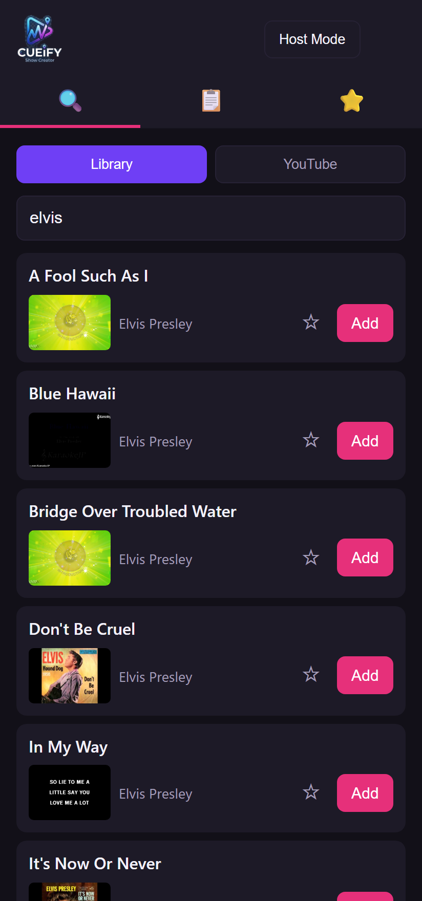 The guest phone interface, searching the song library
