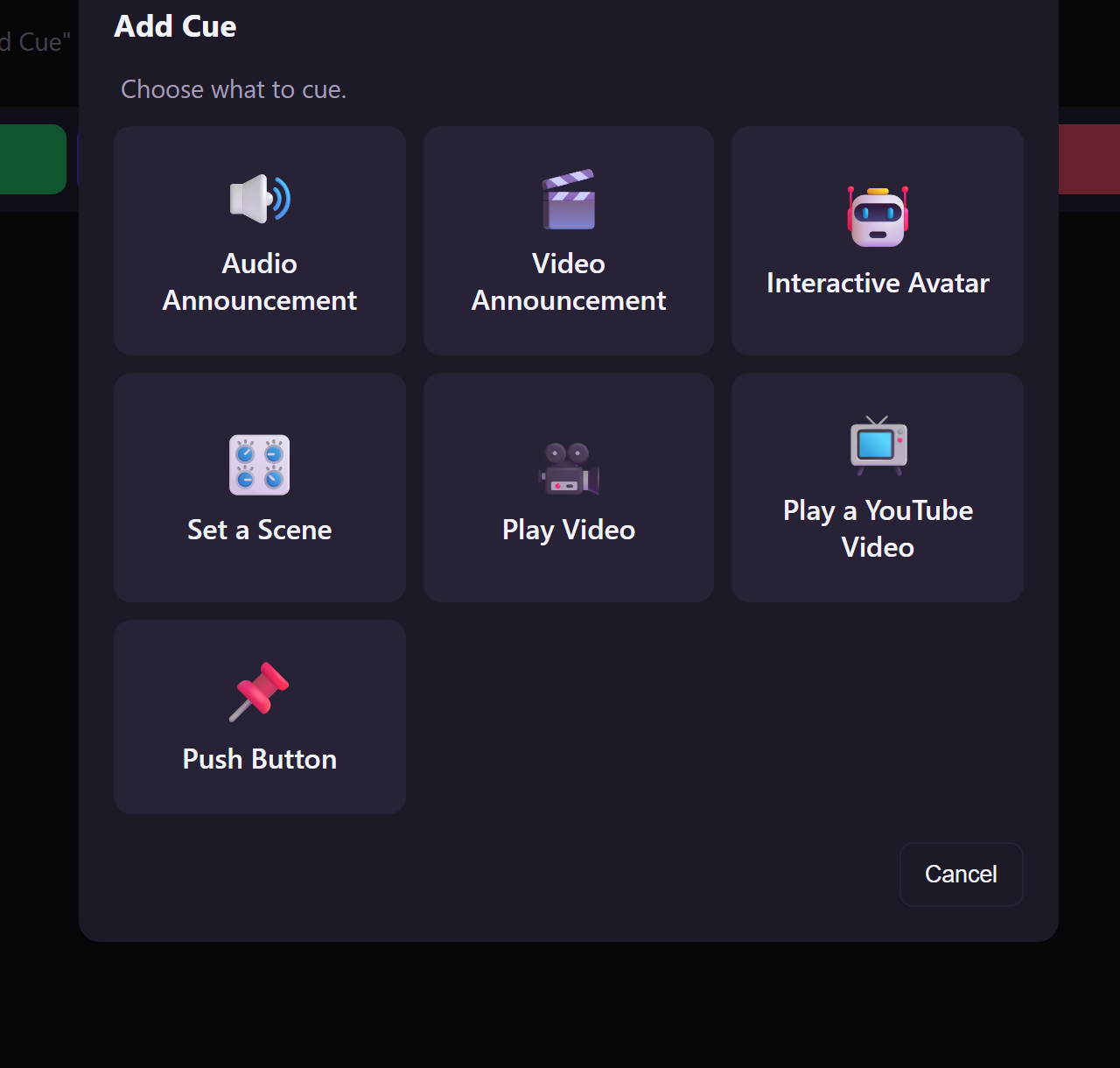 The Add Cue picker in Cueify, showing all seven cue types as icon cards