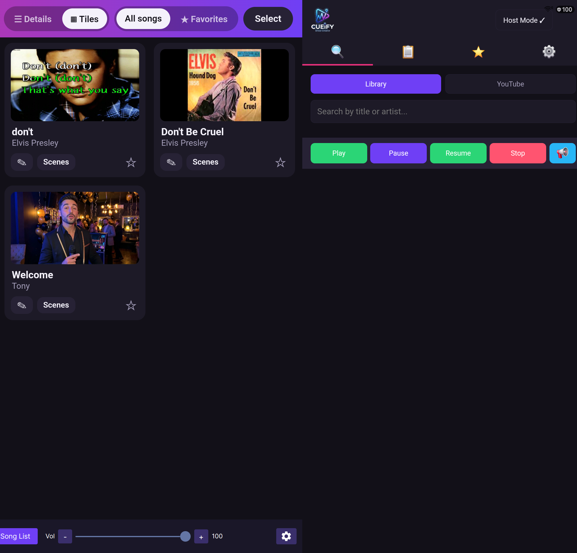 Cueify in Karaoke Practice mode: song artwork tiles beside the side panel, which shows search, the library and playback controls