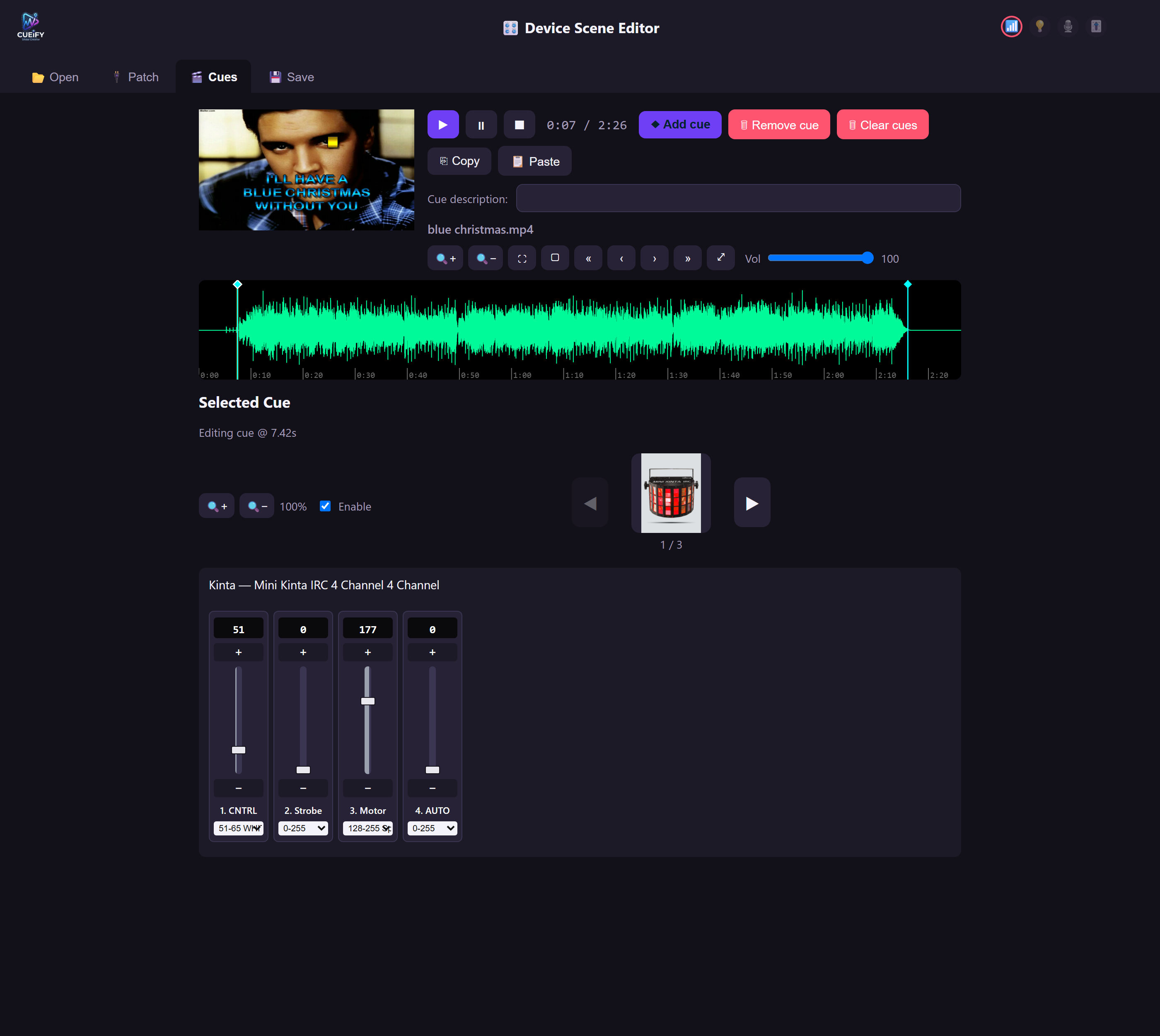 The Device Scene Editor: a song waveform with cue markers and device faders below