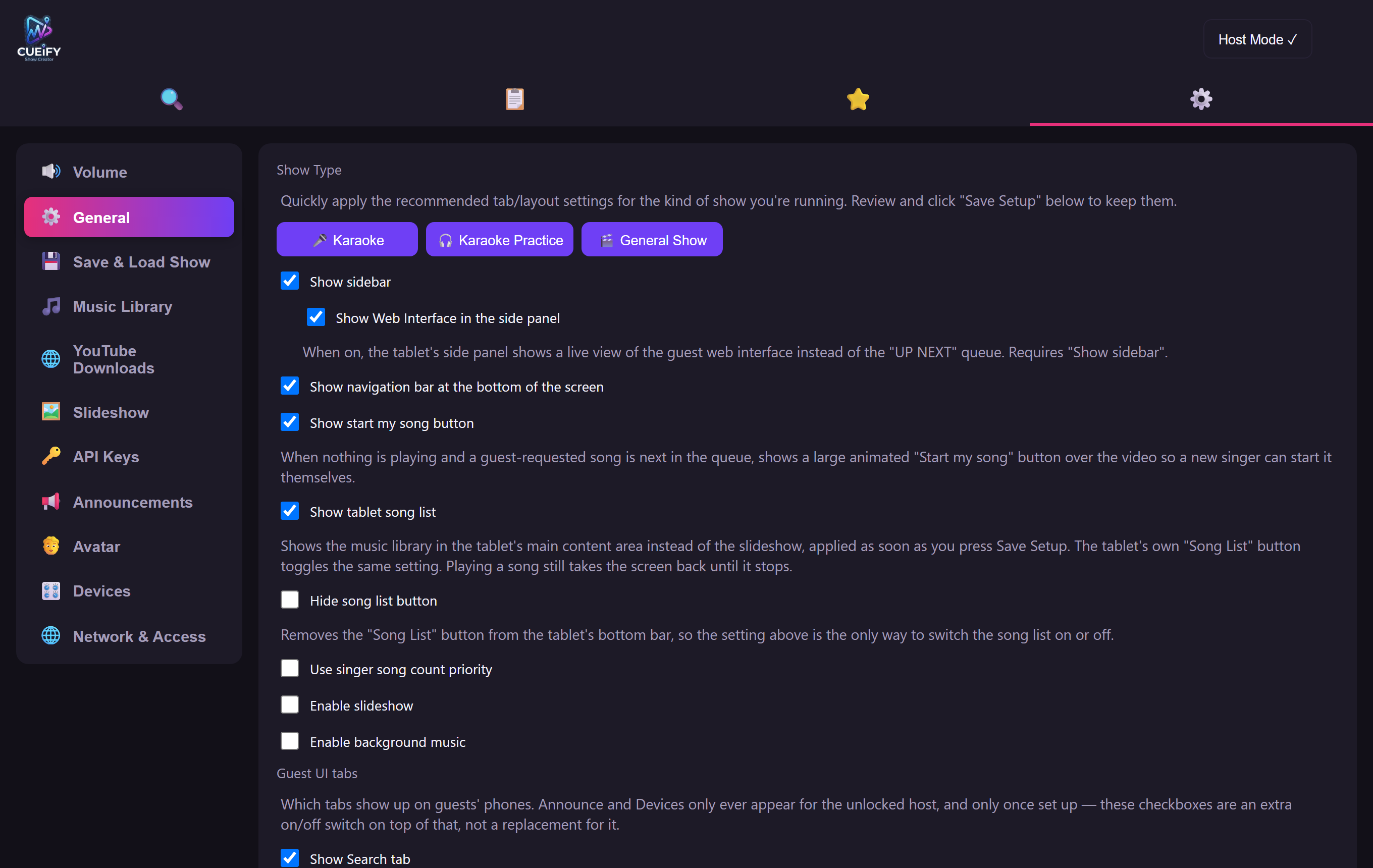 The Cueify Setup screen, with a left rail of sections and the selected panel beside it