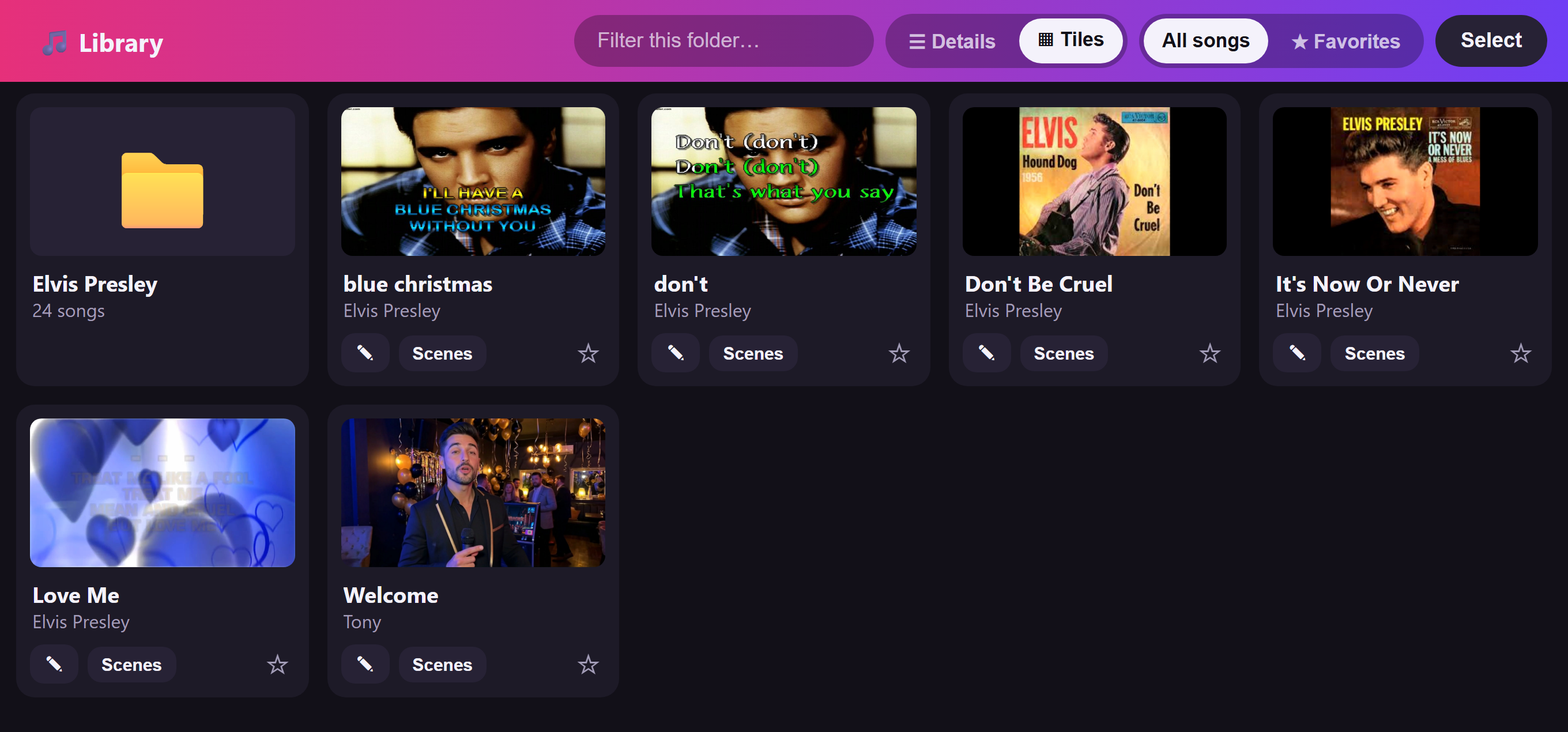 The Song List browser in tile view, showing artwork tiles for each track